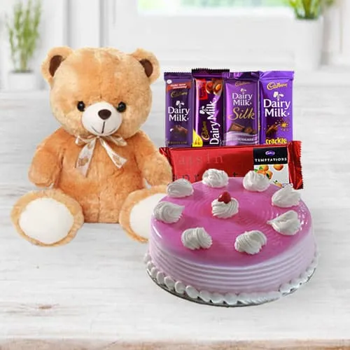 Buy Strawberry Cake with Chocolates N Teddy