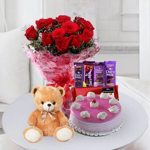 Delicious Cake With Chocolates Teddy N Flowers For Birthday To Hyderabad Free Shipping