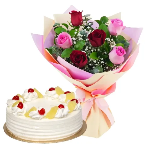 Lip-Smacking Pineapple Cake with Lovely Red N Pink Rose Posy