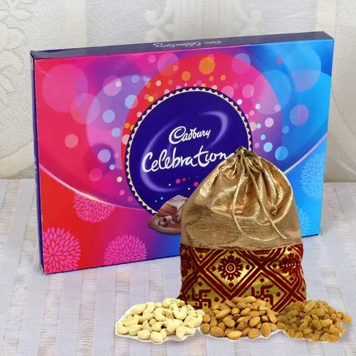 Delicious Dry Fruits Potli with Cadbury Celebrations Pack Delicious Dry Fruits Potli with Cadbury Celebrations Pack