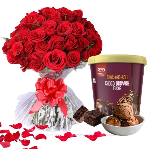 Moment of Love Combo of Red Rose Bouquet n Kwality Walls Brownie Fudge Ice Cream