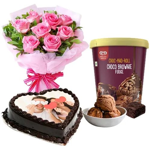 Splendid Roses n Kwality Walls Brownie Fudge Ice-Cream with Love Photo Cake