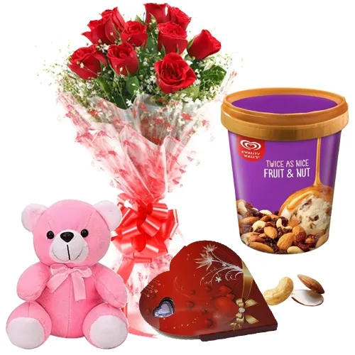 Forever in Love Roses, Kwality Walls Ice Cream, Teddy n Handmade Chocolate Combo