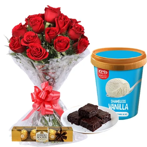Glamorous Roses with Kwality Walls Vanilla Ice Cream, Brownie N Ferrero Rocher