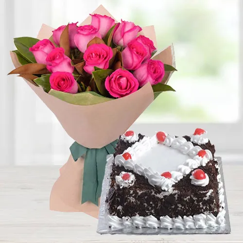 Order Pink Roses Bunch with Black Forest Cake Online 