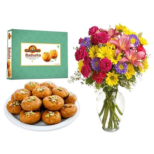 Delectable Badusha from G Pulla Reddy with Mixed Flower Arrangement
