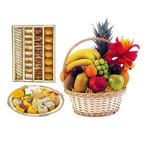 Delicious Assorted Sweets from G Pulla Reddy with Fresh Fruit Basket