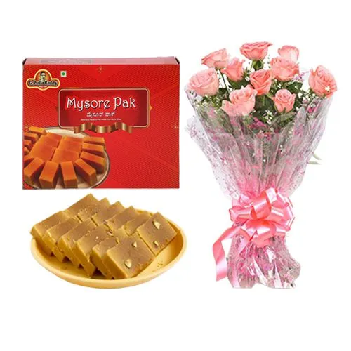 Lavish Milk Mysorepak from G Pulla Reddy with Pink Rose Bouquet