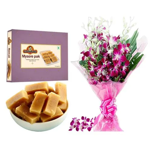 Delicious Milk Mysorepak from G Pulla Reddy with Orchid Bouquet