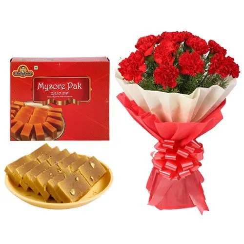 Blissful Milk Mysorepak from G Pulla Reddy with Red Carnation Bouquet