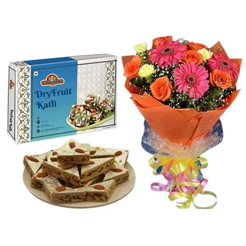 Toothsome DryFruit Katli from G Pulla Reddy with Seasonal Flower Bouquet