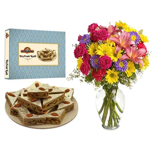 Heavenly DryFruit Katli from G Pulla Reddy with Mixed Flower Arrangement