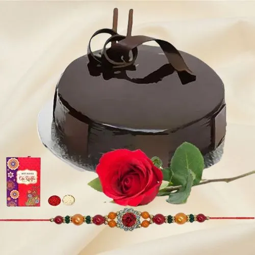 Yummy chocolaty cake and rose with free Rakhi roli tilak and Chawal