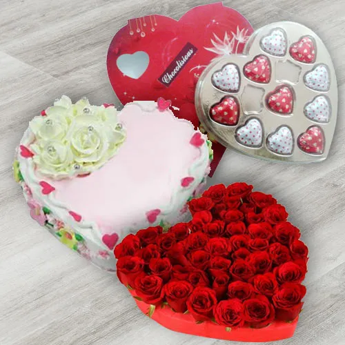 Exciting 24 Red Roses, Heart Shaped Chocolate Box and 1 Lb Heart Shaped Cake
