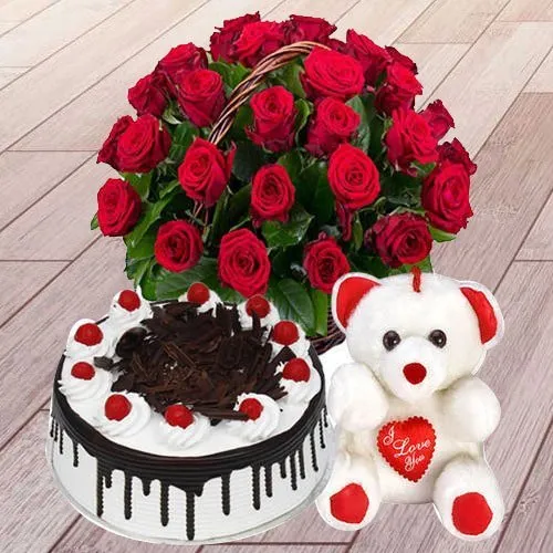 Online Combo of Red Roses, Black Forest Cake N Teddy