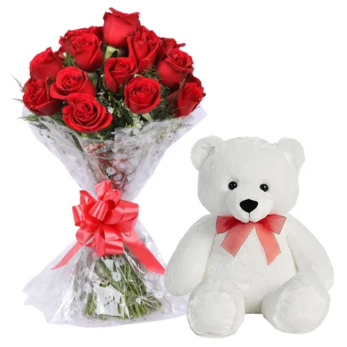 Deliver Teddy Day Surprise of Red Roses Bouquet with soft Teddy