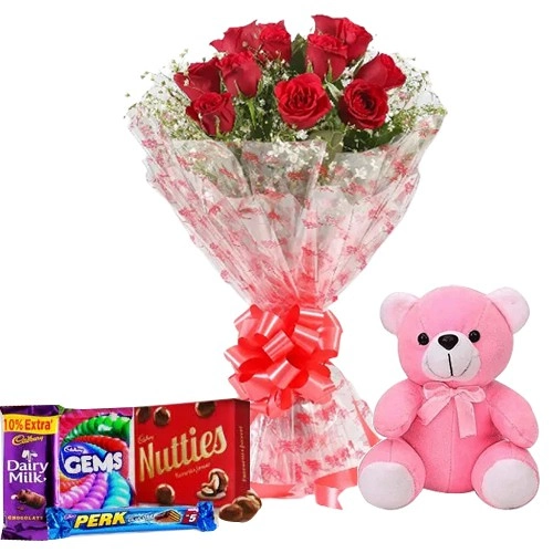 Online Combo of Teddy, Chocolates N Red Roses Bouquet