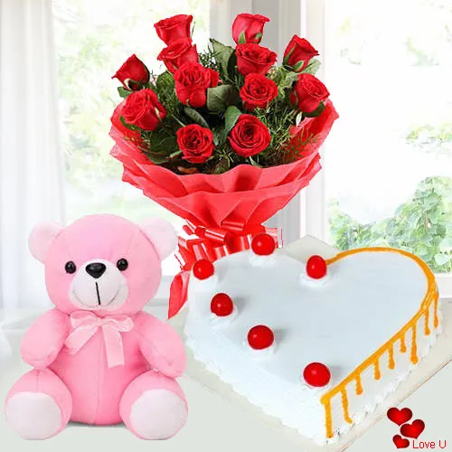 Deliver Rose Day Combo of Red Roses, Teddy N Cake