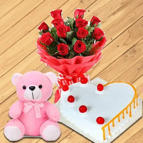 Order Red Roses with Teddy N Heart Shaped Cake Online