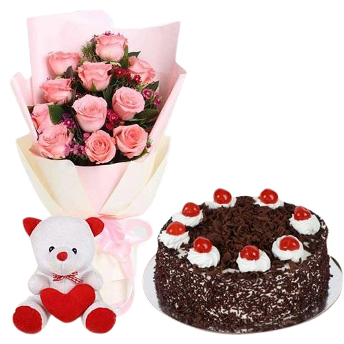 Valentines Day Gift of Pink Roses with Teddy N Cake