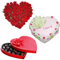 Wonderful 24 Red Roses with 1/2 Kg Heart Shaped Cake and Heart Shaped Chocolate Box