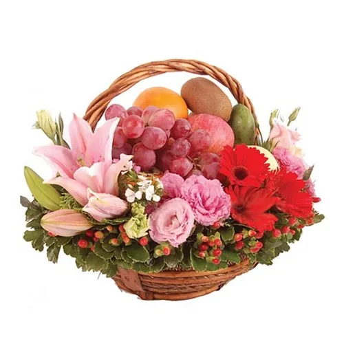 Garden Fresh Fruits Basket decorated with Mixed Flowers