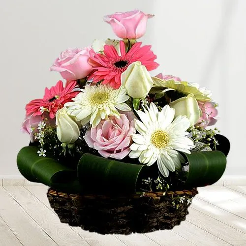 Classic Arrangement of Roses N Gerberas in a Basket