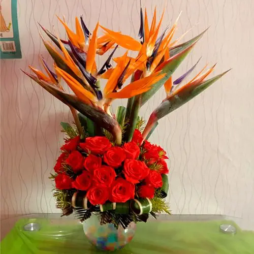 Alluring Red Roses N Birds of Paradise Arrangement