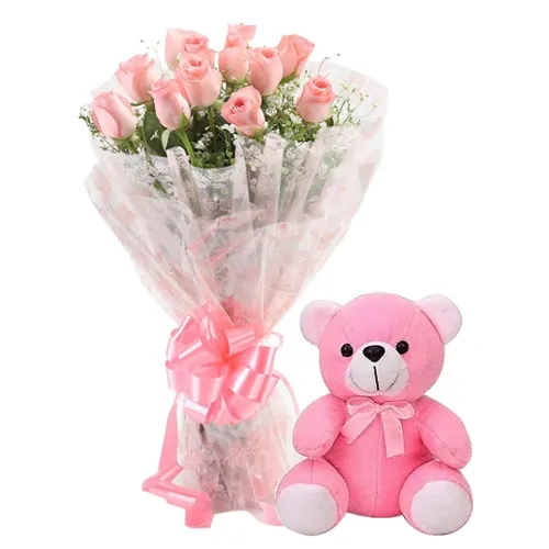 Send Online Pink Roses Bouquet N Teddy for Promise Day