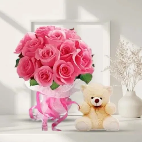 Book Pink Roses Bouquet N Teddy Online