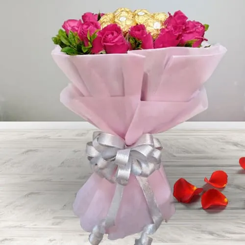 Elegant Red Roses N Ferrero Rocher Bouquet with Tissue Wrapping