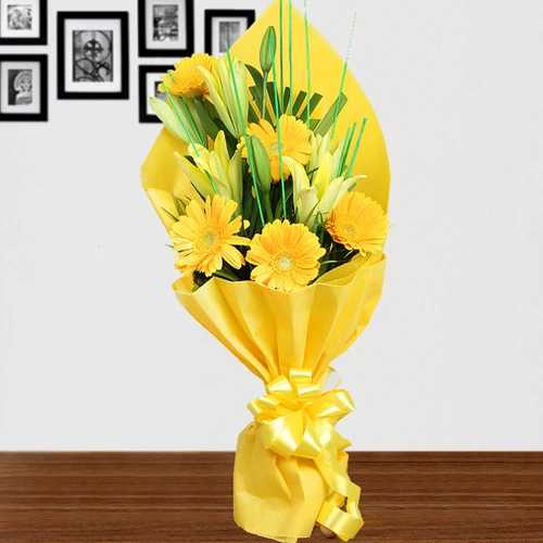 Shop Bouquet of Yellow Gerberas N Lilies Online