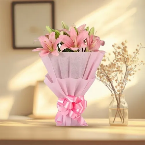 Beautiful Pink Lilies Bouquet wrapped in a Tissue