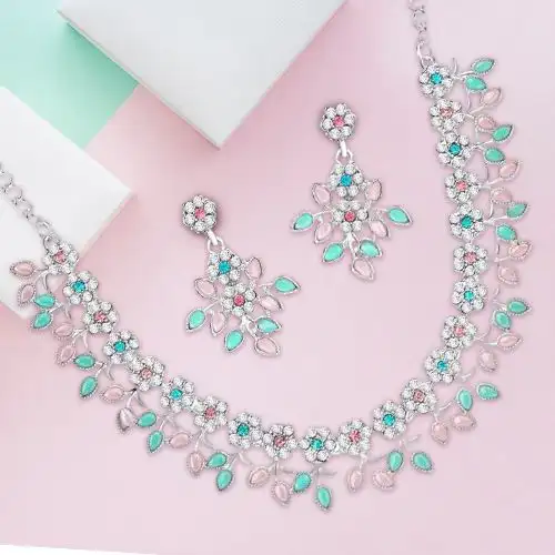 Beautiful Silver Plated AD Necklace Set