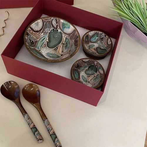 Wooden Agate Salad Bowl Set