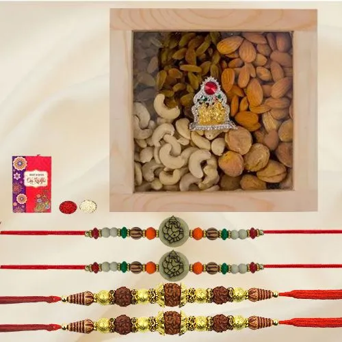Splendid Set of Ganesh n Rudraksh Rakhi with Dry Fruits n Ganesh-Laxmi Mandap