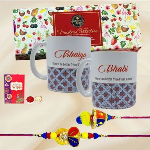 Fabulous Fruitea Hamper, Personalized Couple Mug N Bhaiya Bhabhi Rakhi