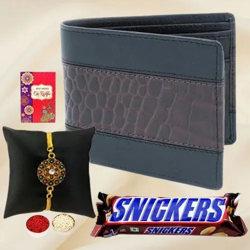 Beautiful Gold Plated Rakhi with Gents Wallet N Snicker Chocolate