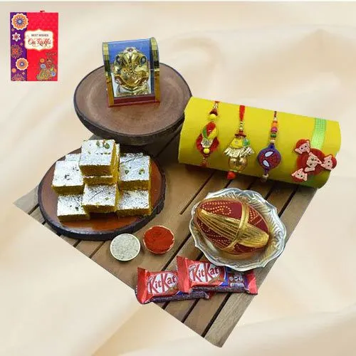 Divine Family Rakhi Set with Haldiram Sweets, Ganesh Idol N Chocolates