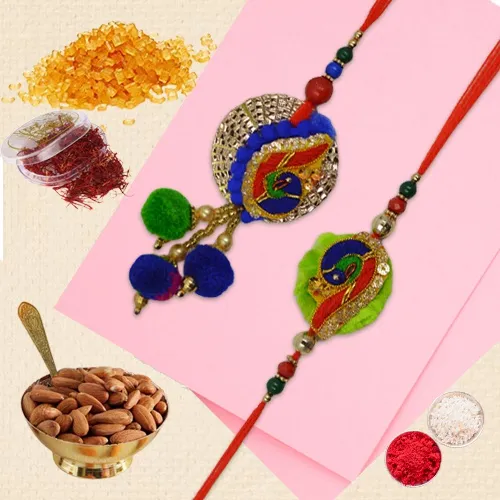 Blue-green Couple Zardosi Rakhis N Almond-Kesar Combo