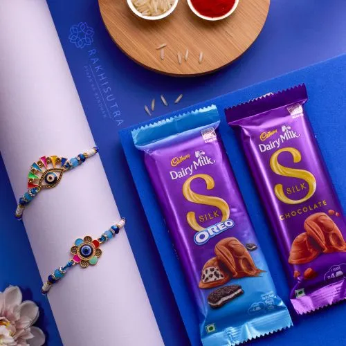 Exclusive Evil Eye Rakhi Set N Cadbury Silk Combo