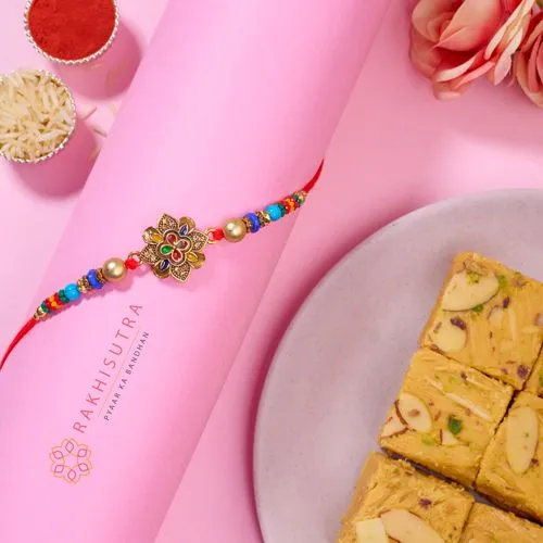 Floral Kundan Rakhi  N  Soan Papdi Combo