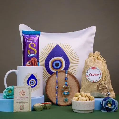 Rakhi Celebration Set with Evil Eye Mug  N  Cushion