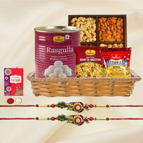 Sweets N Savory Rakhi Gift Hamper With 1kg Haldiram Rasgulla
