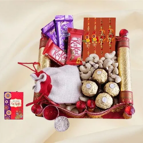 Elegant Bead n Rudraksha Rakhi with Assorted  Chocolates n Cashews