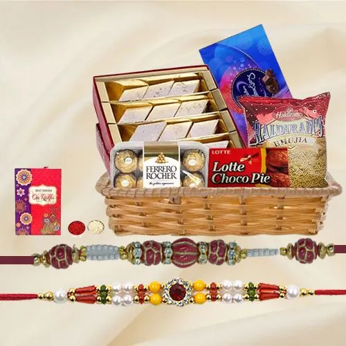 Designer Rakhi Pair with Kaju Katli and Chocolates