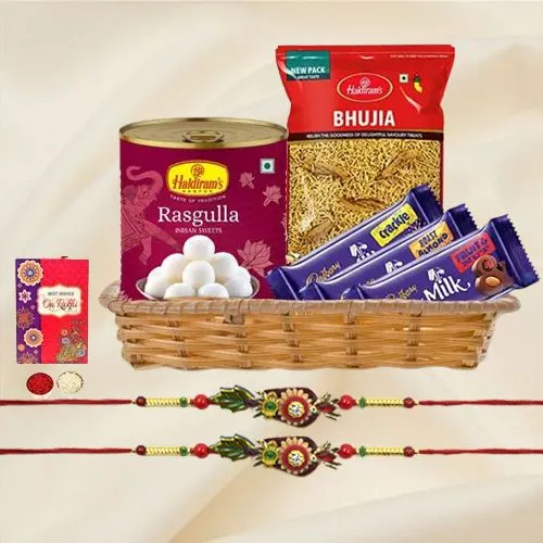 Classy Pair of Rakhi with Chocolates, Rasgulla n Bhujiya