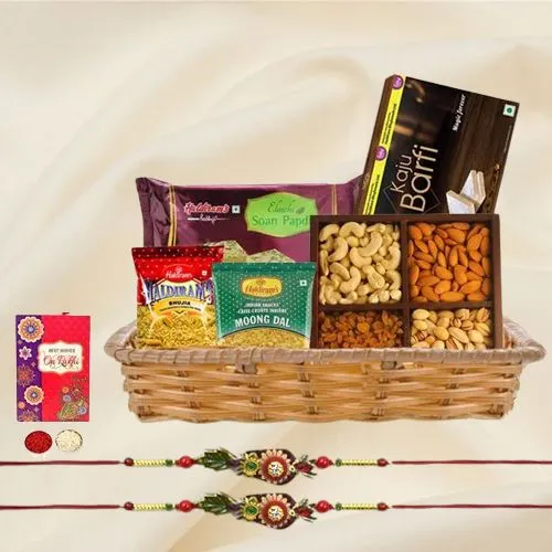 Fancy Rakhi Pair with Sweets, Snacks n Assorted Dry Fruits