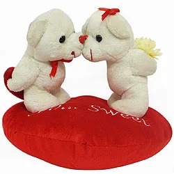 Send Kissing Couple Teddy on Heart Shaped Cushion