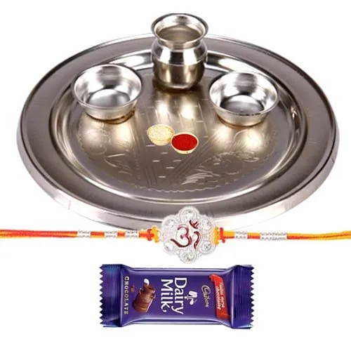 Silver Plated Rakhi Thali with One Rakhi with one Dairy Milk